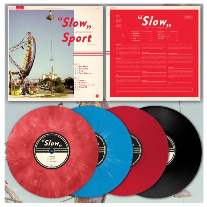 Mock-up of the Sport "Slow" LP showing the front and back of the cover as well as a red-marbled, blue, red and black copy of the record.