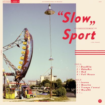 Front Cover of the Sport "Slow" LP with a beige background and red font color, featuring a big swing (multiple seats in a row) as part of an amusement park
