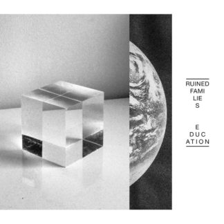 B/W cover of the Ruined Families "Education" LP Cover. It shows a photo of a glass cube, covering another picture of planet earth.