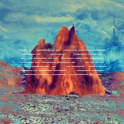 Cover of the Goodbye Fairground "I Don't Belong Here Anymore" LP showing a graphical mountain in a stone desert with a blue sky in the background. A closer look reveals a person standing on top of the mountain.