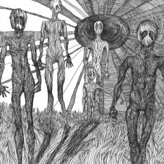 Cover if the MatraK AttaKK / Discordance Split LP. It's a rough b/w ballpen drawing showing a group of alien like persons walking in a field of gras or fire.