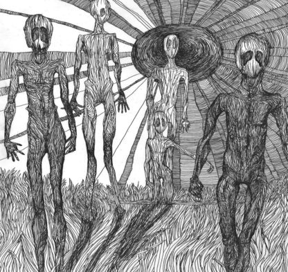 Cover if the MatraK AttaKK / Discordance Split LP. It's a rough b/w ballpen drawing showing a group of alien like persons walking in a field of gras or fire.