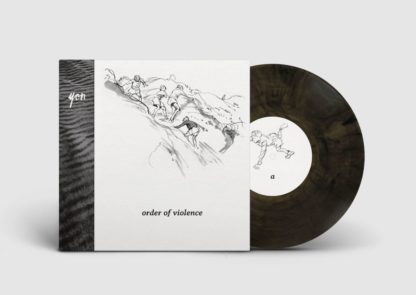 Mockup of the yon "order of violence" LP showing the cover with the clear / black edition of the vinyl.