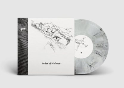 Mockup of the yon "order of violence" LP showing the cover with the white / black edition of the vinyl.