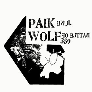 Screen-printed b/w cover of the June Paik / Battle Of Wolf 359 Split 7" showing a black area with a rough drawing of a face (just trembling lines) in the middle. The upper right part holds the two brandnames in bold letters.