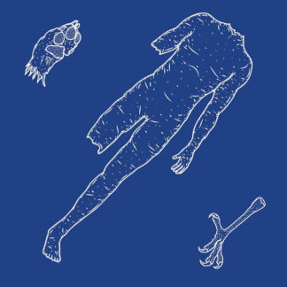 Cover of the Foxmoulder / Eaglehaslanded Split LP showing three drawings: a dogs paw, a human body with a missing arm and leg and a chickens foot.