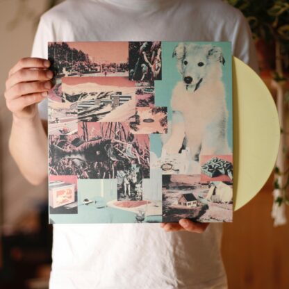 Photo of a person (only upper body; head not visible) with a white shirt holding the Villages "EXCESSIVE DEMAND" LP in his hands. You can see the record front cover and a part of the light yellow LP peeking out of the cover .
