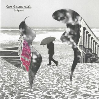 Cover of the One Dying Wish "Origami" LP showing a photo with a black silhouette of a person in the middle wearing an umbrella. The person walks along a stoney beach.