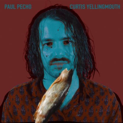 Cover of the Paul Pecho "Curtis Yellingmouth / Neatly Framed" 7" showing a portrait of a man. He has blue skin, wears a red shirt and has black mid-long hair. He looks a bit disgusted. There is an object in front of him which looks like a fast moving fish or joint, can't tell.