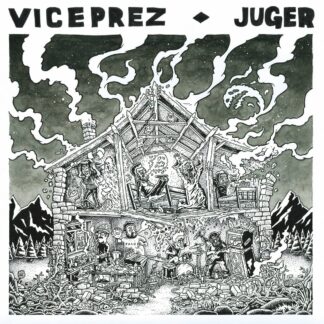 Cover of the Viceprez "Juger" LP showing a black and white illustration of a chaotic, detailed scene featuring a profile of a "smoking" house. Each room shows a different character of a band which is currently recording a record.