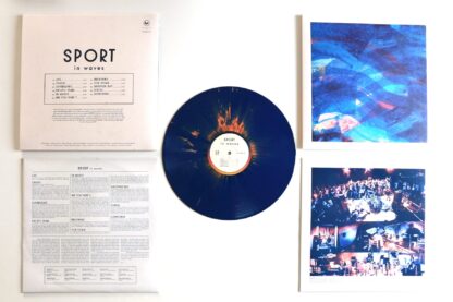 The Sport "In Waves" LP, featuring a blue marbled vinyl, front and back of the cover and both sides of the printed inner sleeve. All displayed on a white background.