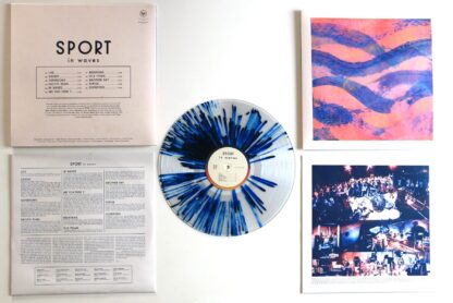 The Sport "In Waves" LP, featuring a transparent / blue marbled vinyl, front and back of the cover and both sides of the printed inner sleeve. All displayed on a white background.