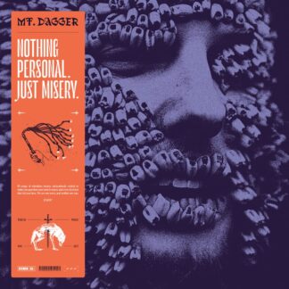 Close-up of a face covered in small skulls, overlaid with an orange panel reading "Nothing Personal. Just Misery."—artwork for the Mt. Dagger "Nothing Personal. Just Misery." LP, with added stylized graphics and text.